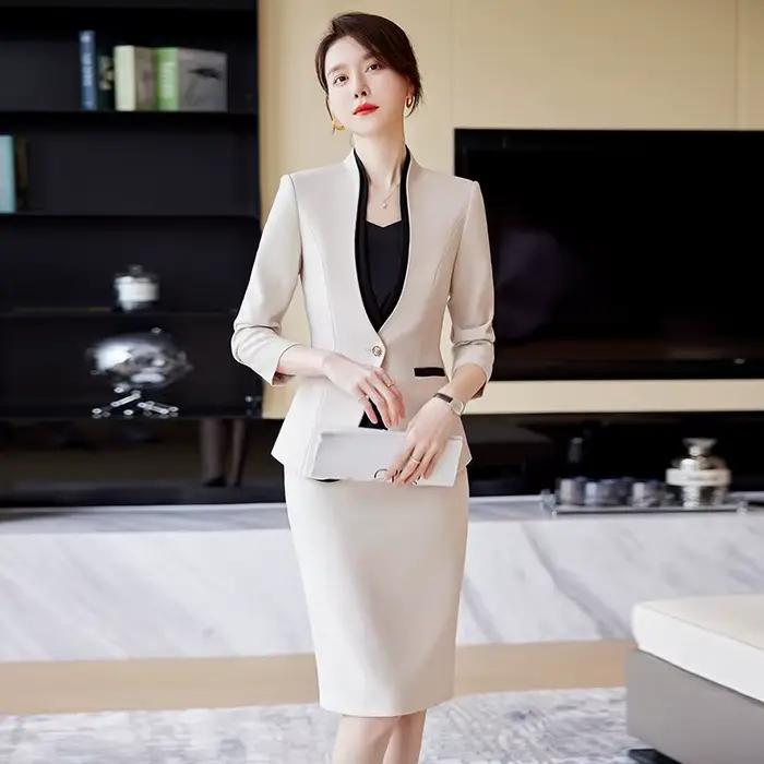Costumes jupe abricot pour femmes, blazer formel d'affaires, ensembles jupe, vêtements de travail pour dames de bureau, noir, nouvelle mode de printemps, tempérament