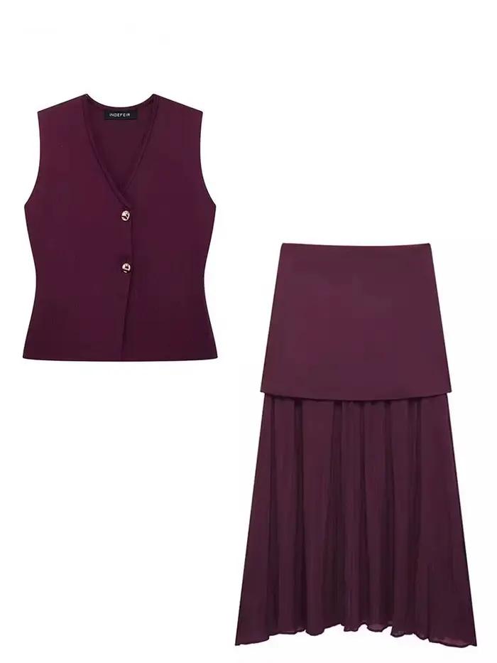 HH 2025 femmes jupe ensemble vin rouge tricoté col en v sans manches mince gilet + solide taille haute fermeture éclair