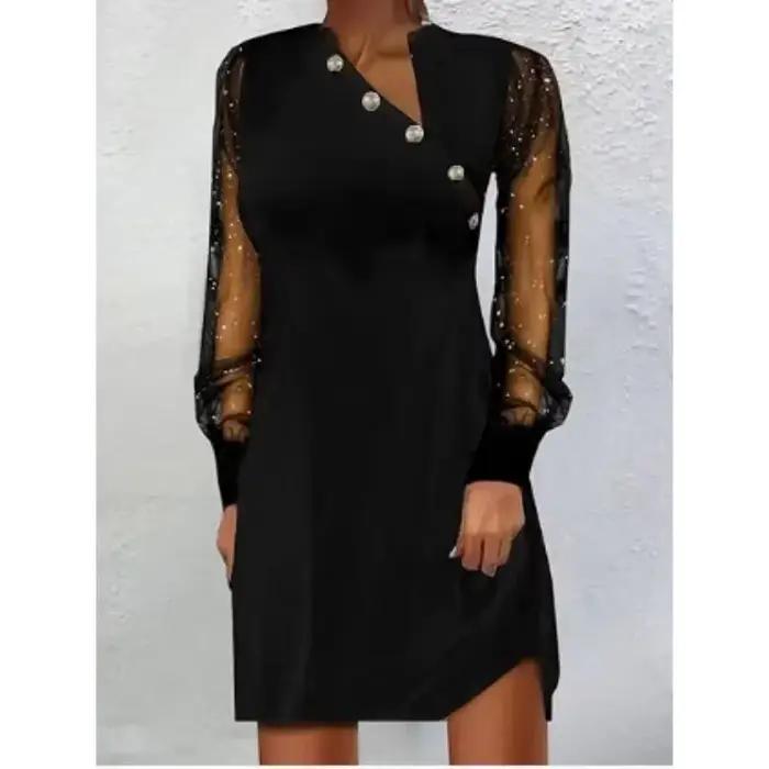 Robe mi-longue noire élégante pour femmes, asymétrique, col en v, boutons, Chic, paillettes, manches en Perspective, robe d'occasion formelle