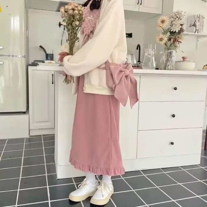 Jupe Estceque Rose Ample Fendue Pour Femmes Junior Style Préppy Occasions Automne Hiver