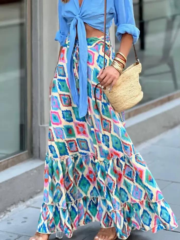Femmes imprimer jupe longue mode Vintage jupes amples dame décontracté élégant Boho plage vacances