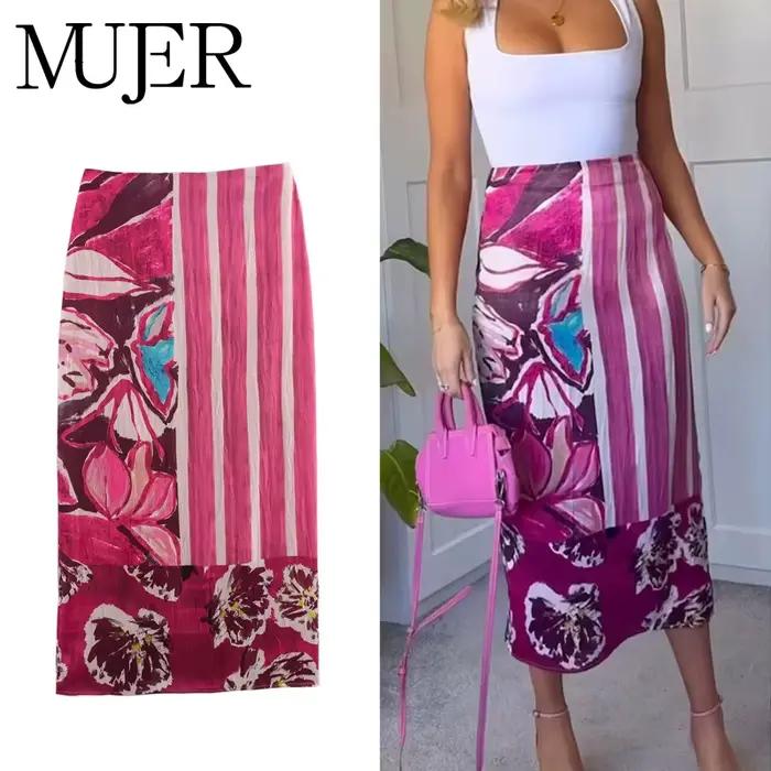 MUJER imprimer Satin jupes longues pour femmes taille haute jupe Midi femme été droite