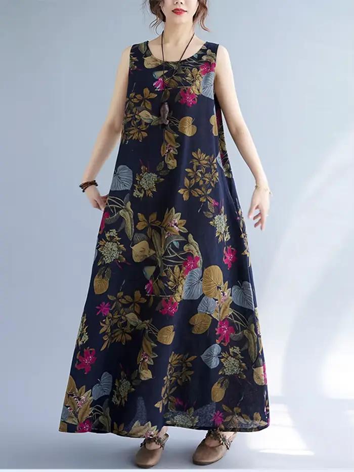 Robe longue décontractée maxi sans manches en coton et lin