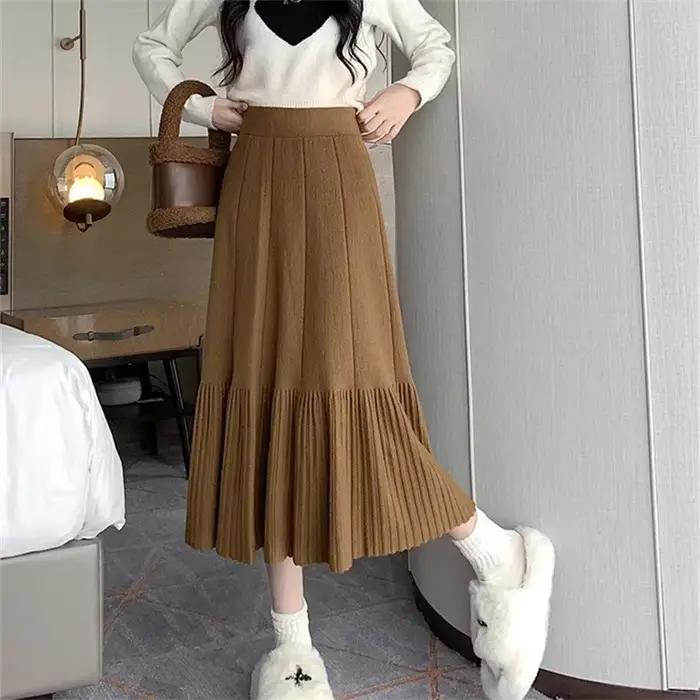 Jupe plissée tricotée taille haute tendance pour femme, nouvelle collection automne-hiver, décontractée et amincissante, coupe trapèze