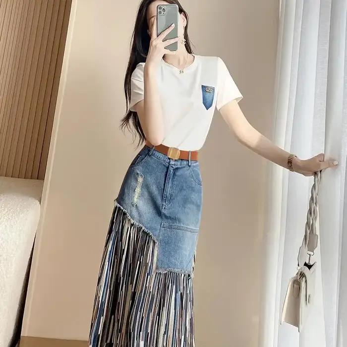 Ensemble jupe en jean deux pièces pour femmes, tenues féminines, bureau, midi, haut de style coréen, vêtements astronomiques, luxe, promotion, nouveau, 2025