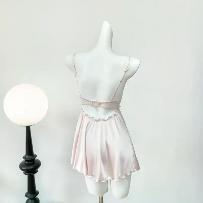 INJNIGHTOWNIGHTS-Chemise de nuit sexy pour femmes, lingerie française avec coussretours de poitrine, pyjama à bretelles, vêtements de détente pour dames, nouvelle collection