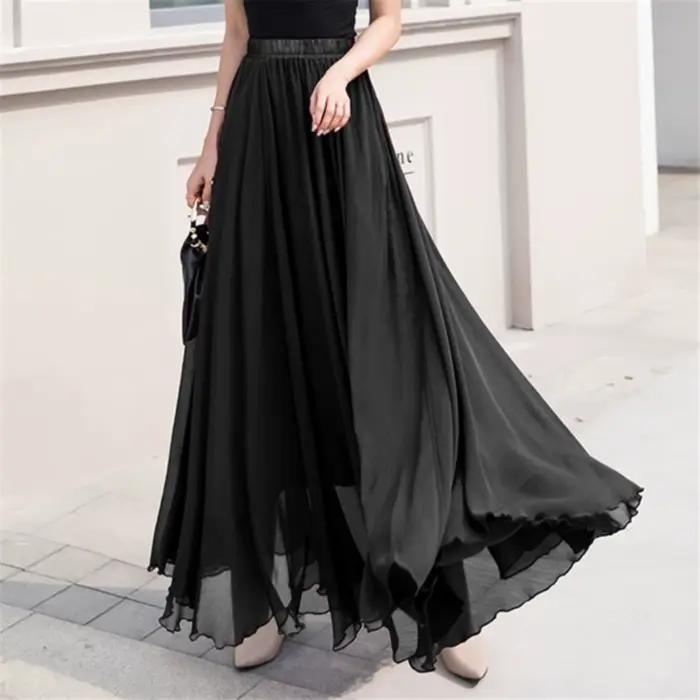 Jupe patineuse longue taille haute en mousseline de soie pour femme