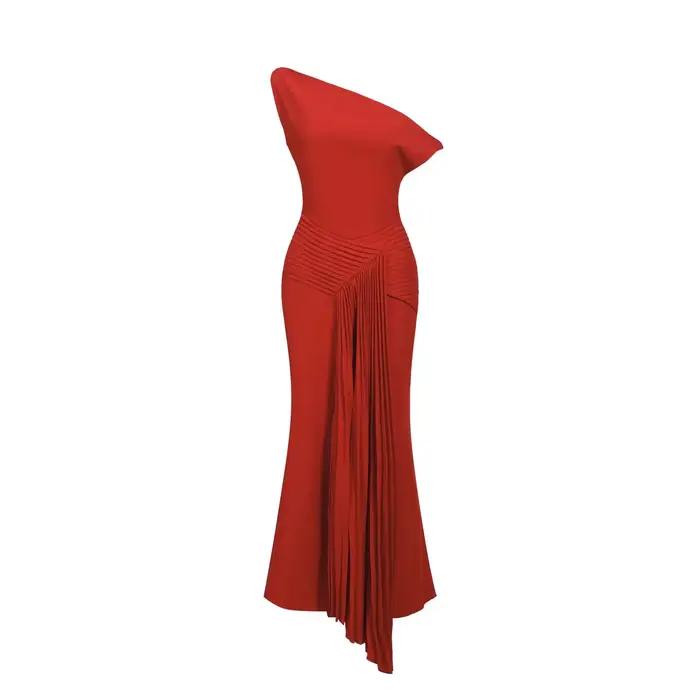 Robe mi-longue plissée rouge à une épaule pour femmes, coupe cintrée, robe de soirée formelle, de Cocktail, à la mode, ourlet asymétrique, 2026