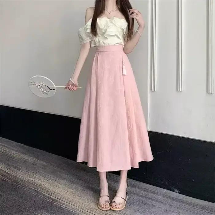 Nouvelle jupe de style chinois avec taille élastique, élégante et plissée