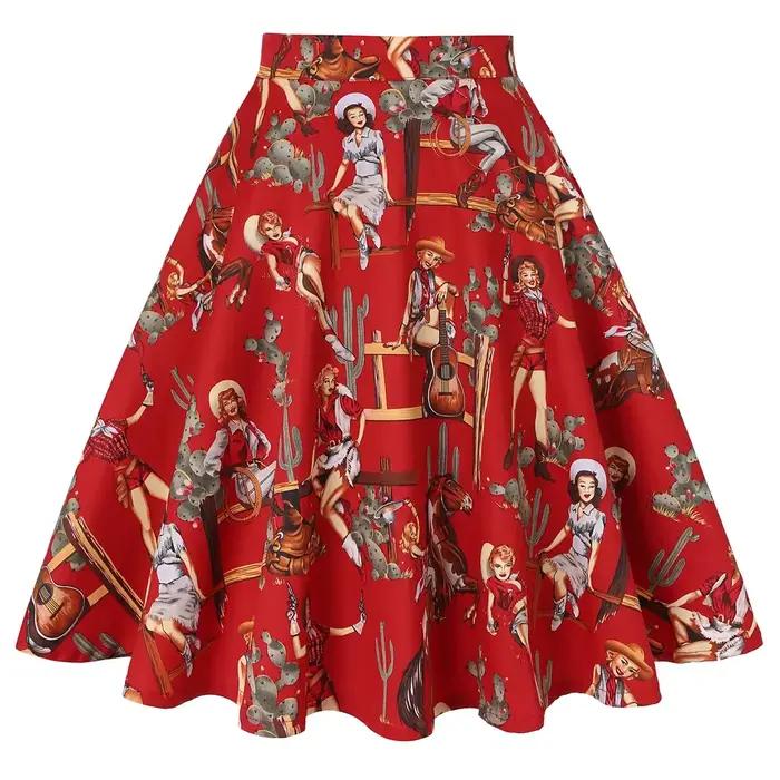 Petit rouge à pois coton femmes Sexy Midi jupe d'été Pin Up taille haute rétro Vintage Rockabilly 50s