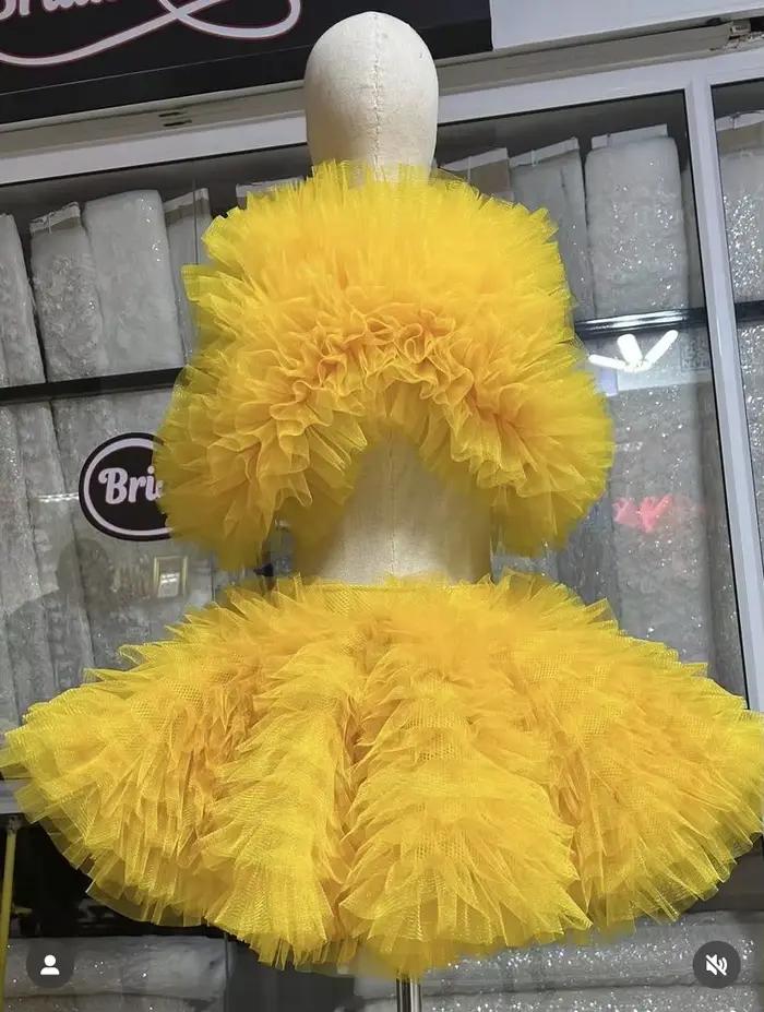 Nouvelle robe jaune 2 pièces, robes de soirée courtes à plusieurs niveaux, robes de bal superposées à volants, sur mesure, haut luxuriant, jupe en Tulle, Mini longueur