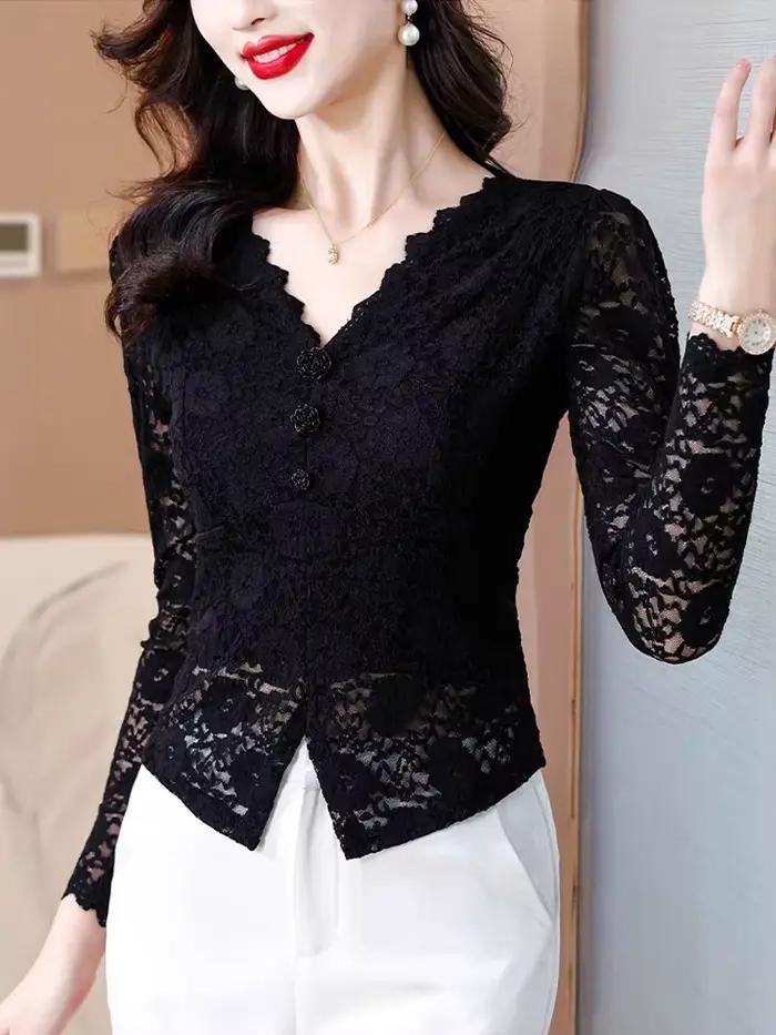 T-shirt à manches longues en dentelle noire commandée pour femmes