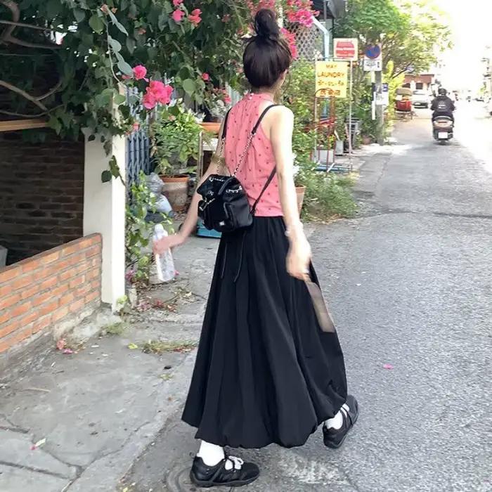 Jupe longue gothique à volants noire Vintage pour femmes