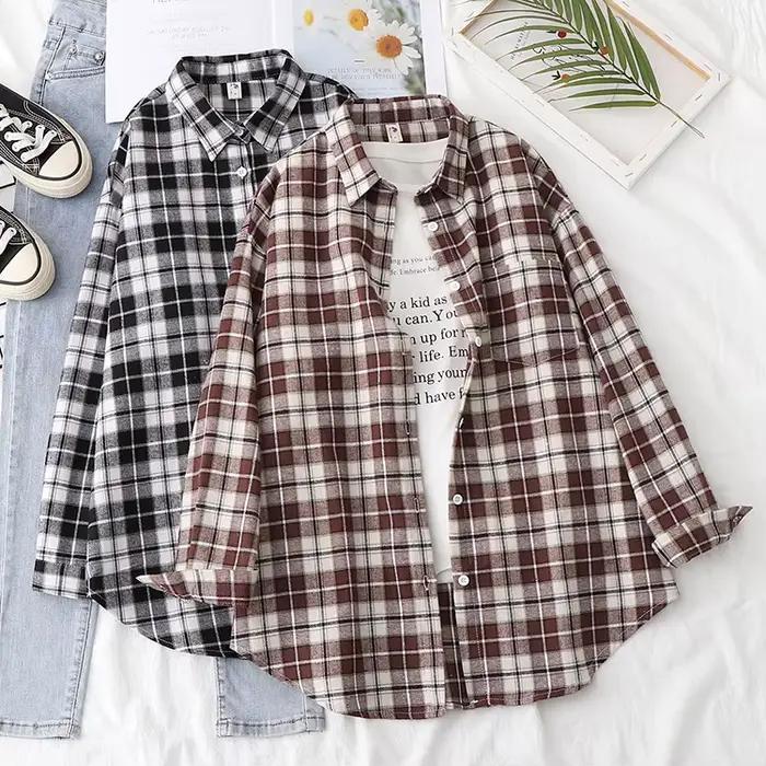 Chemise à carreaux femmes nouveau Style printemps automne femmes chemisiers à manches longues et hauts dame coton ample décontracté chemise à carreaux vêtements
