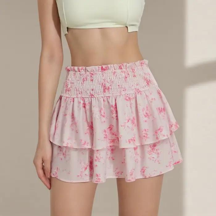Puloru – Mini jupe fluide à imprimé Floral pour femmes, taille haute, à volants, courte, Streetwear, vêtements esthétiques, été