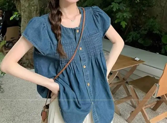 Chemise en jean pour femme, nouvelle collection été 2026, col rond, fine, ample, décontractée, polyvalente, plissée, à manches courtes