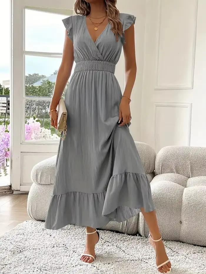 Robe longue d'été pour femmes à manches courtes, volants, sexy, élégante, col en V, robe maxi pour les vacances