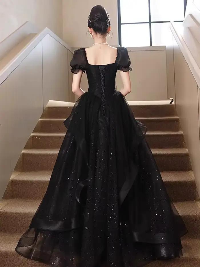 Robe de Soirée Longue Noire pour Femme, Tenue Française, Haut de Gamme, Manches Bouffantes, Demoiselle d'Honneur, Mariage, Nouvelle Collection