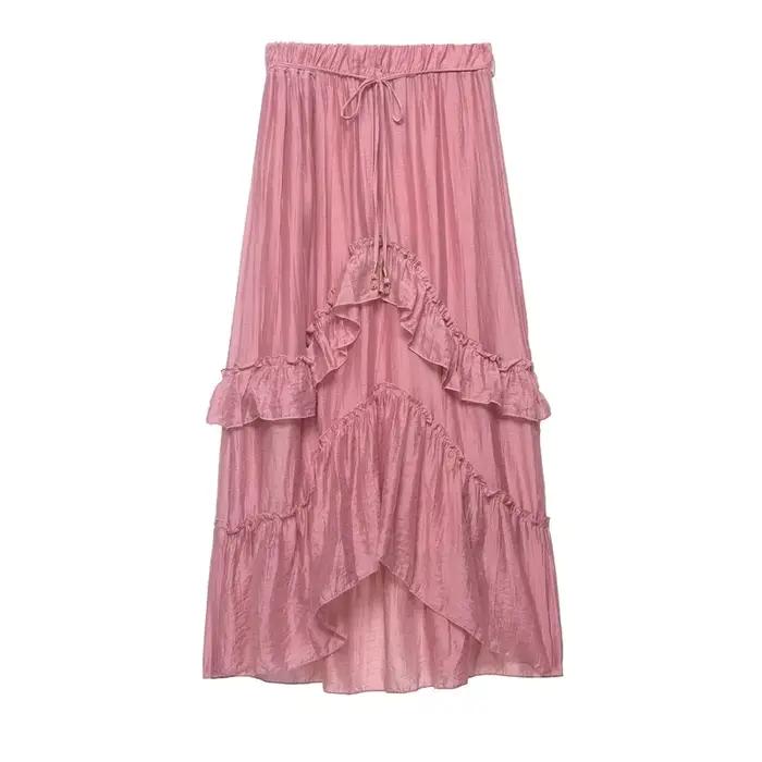 Jupe longue rose à volants superposés pour femme