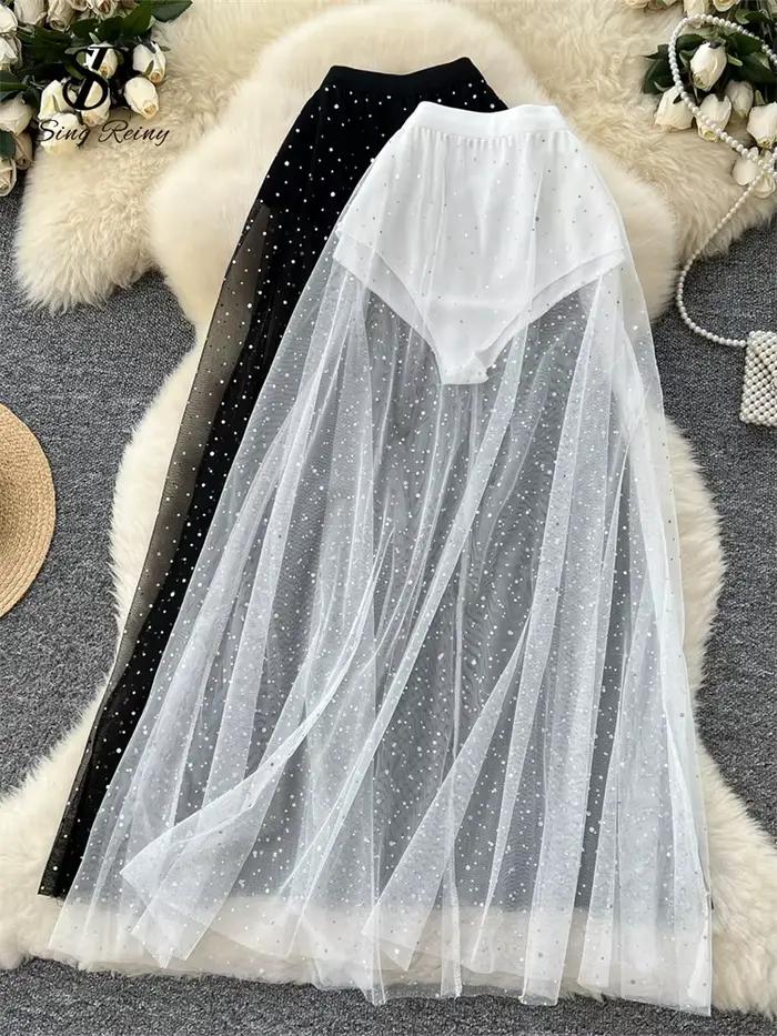 SINGREINY mode paillettes maille jupe taille haute mince pure 2025 femmes été doux tenue extérieure Style coréen
