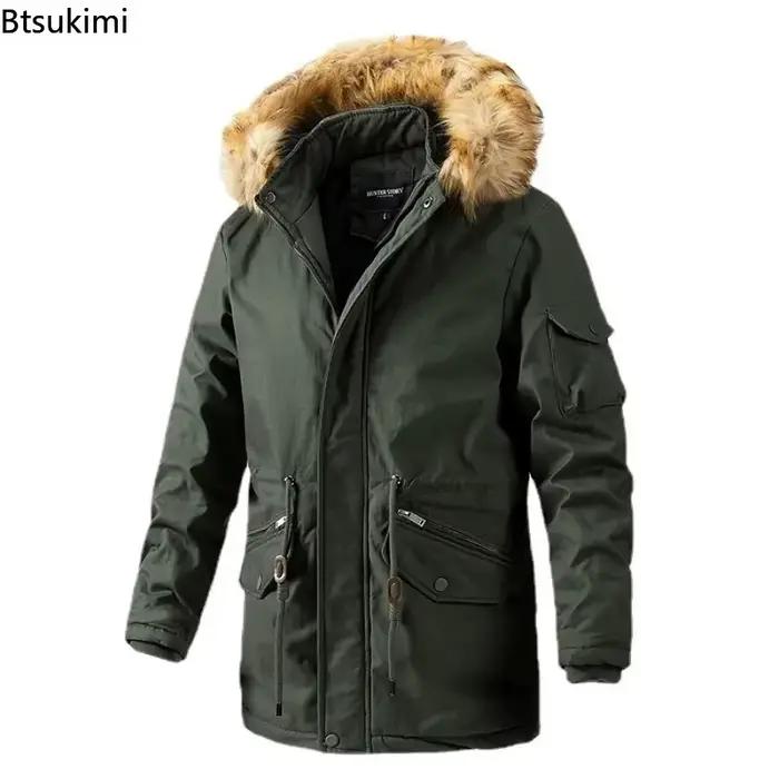 Vestes longues chaudes d'hiver 2026 pour hommes, manteaux en polaire chauds, vestes à capuche avec col en fourrure, vêtements coupe-vent pour hommes, parkas d'hiver pour hommes