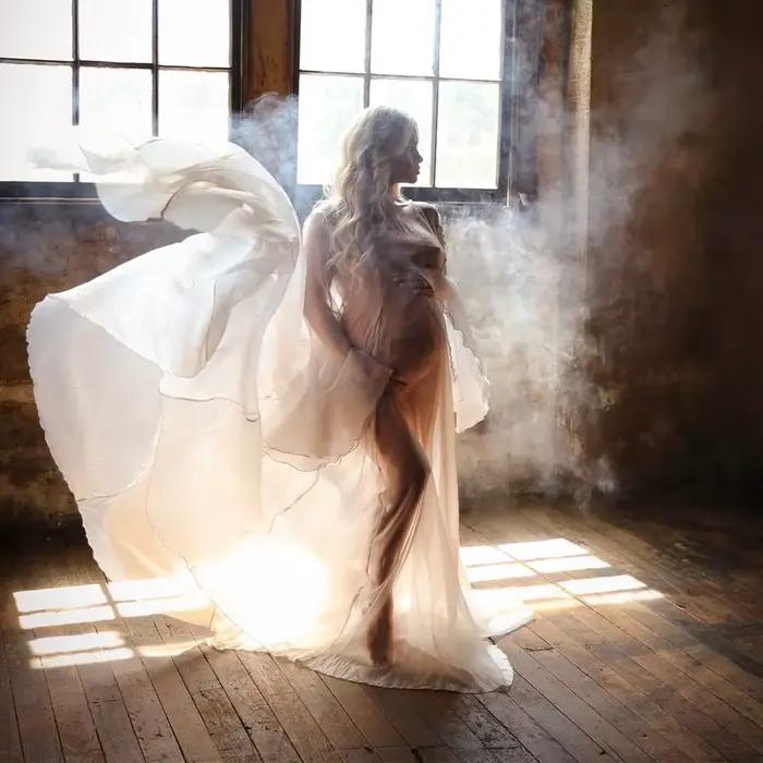 Robe en Tulle doux à manches longues, Style Simple, vêtements pour femmes enceintes, longueur au sol, robe longue à queue, robes de séance Photo de maternité