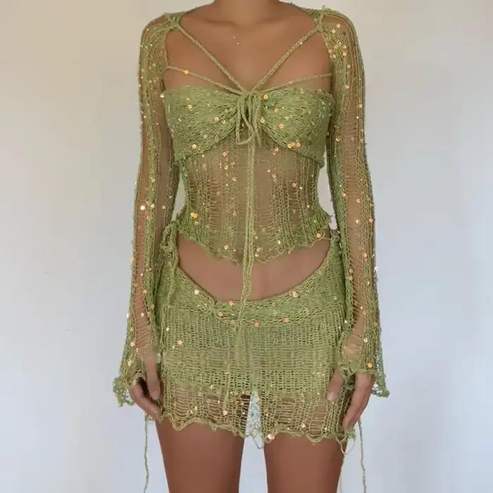 Ensemble haut et mini jupe à paillettes scintillantes pour femmes