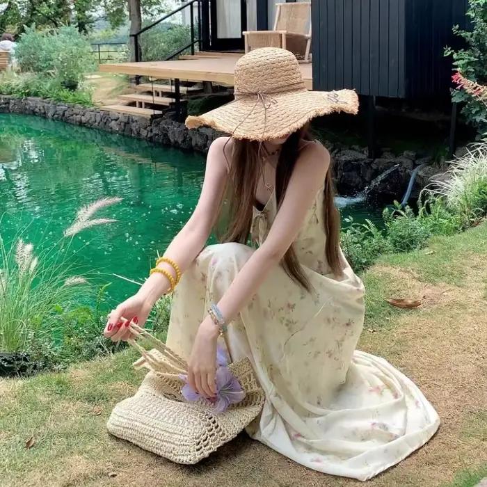 Robe longue d'été pour femme, col en V, nœud, imprimé floral, style coréen, robe élégante et douce