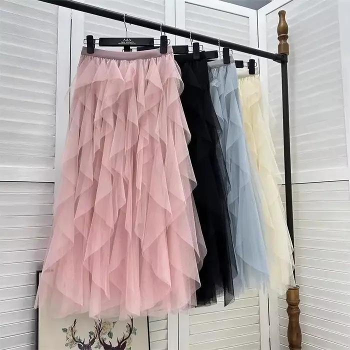 Tutu Tulle longue Maxi jupe femmes mode coréenne mignon rose taille haute