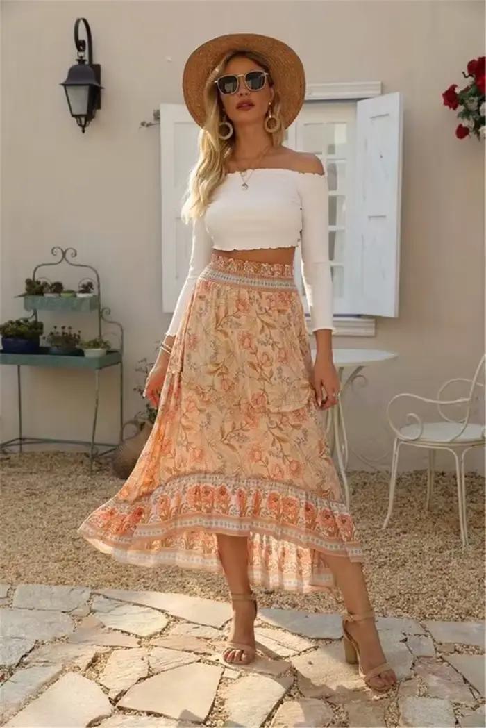 Jupe de plage vintage pour femmes, style bohème, imprimé floral paon, taille haute élastique, maxi, ligne A