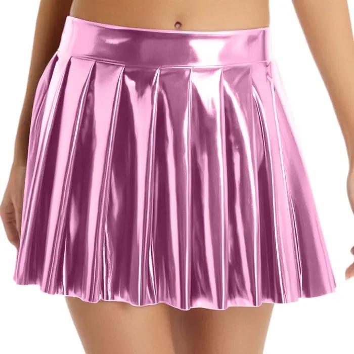 Jupe courte plissée métallique brillante pour femmes, taille haute, fermeture éclair latérale, froncée, holographique, ligne a, Mini jupe, Costume de fête Disco Rave