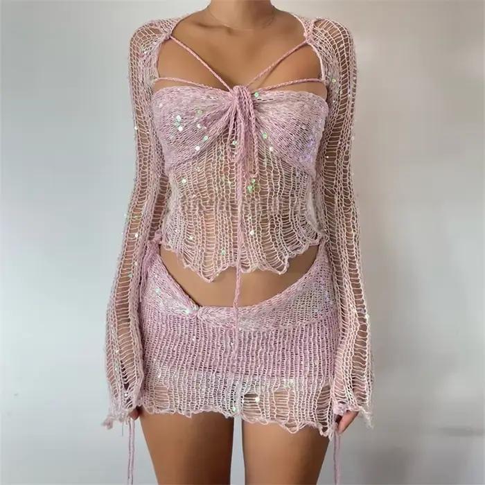 Ensemble haut et mini jupe à paillettes scintillantes pour femmes