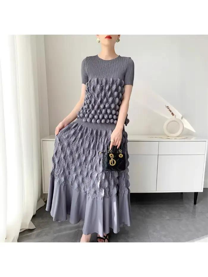 Ensemble Miyake Jupe à Bulles Pliée à la Main Haut à Manches Courtes Style Bohème Nouvelle Collection Printemps Été 2025 Occasions Spéciales Femmes