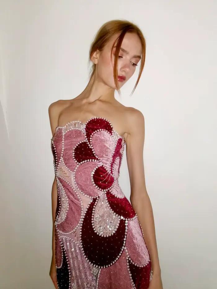 Robes pour femme, robe de cocktail rose bordeaux sans bretelles, robe midi en velours à fleurs abstraites et perles, robes de soirée élégantes