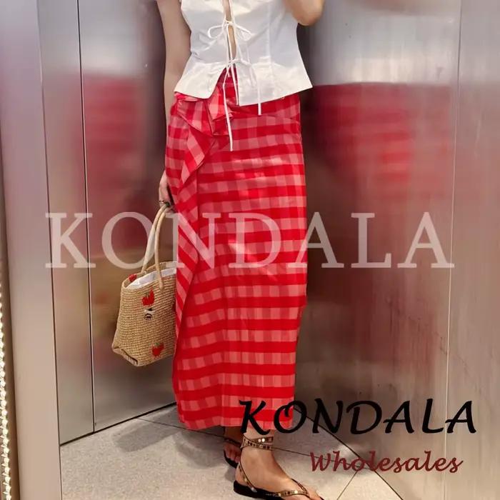Jupe d'été asymétrique à carreaux rouges KONDALA Chic Streetwear