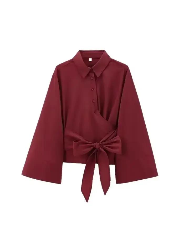 Chemisiers kimono à manches longues pour femmes avec nœud papillon, bouton avant, chemises féminines, hauts chics, à la mode