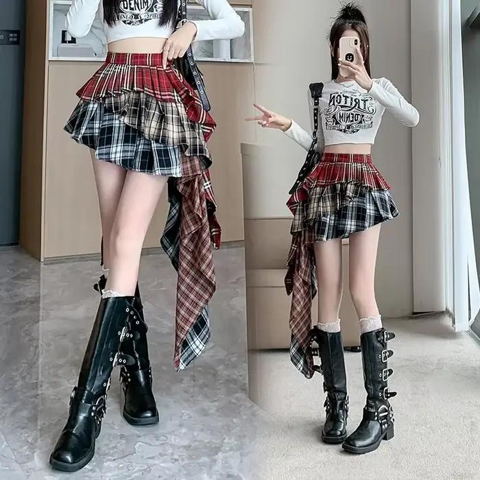 Jupe Trapèze à Carreaux en Patchwork pour Femme