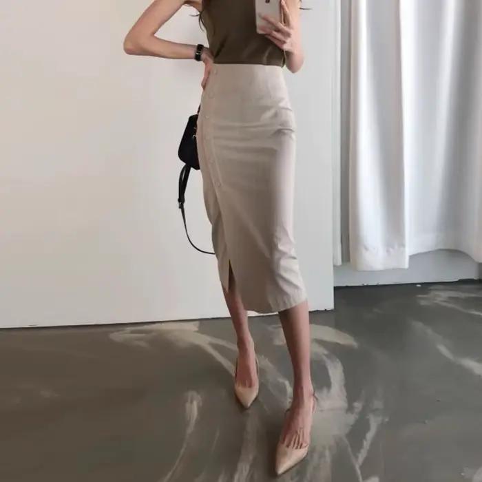 Jupe crayon mi-longue fendue taille haute pour femme en polyester décontractée printemps automne élégante pour le bureau occasions spéciales