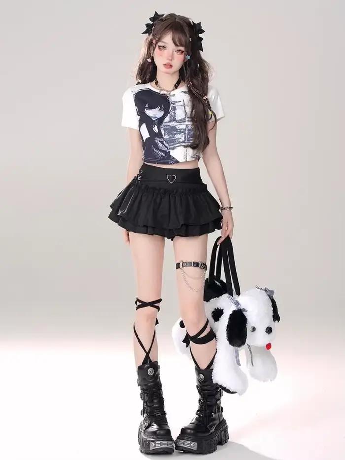 Kawaii Mini jupe noir rose