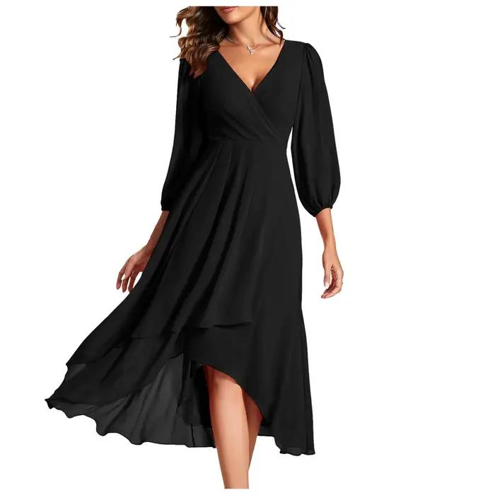 Robe en mousseline de soie fluide à plusieurs niveaux pour femme, robe trapèze plissée, col en V, manches longues, longueur midi, robe éducative, robe d'invité de mariage