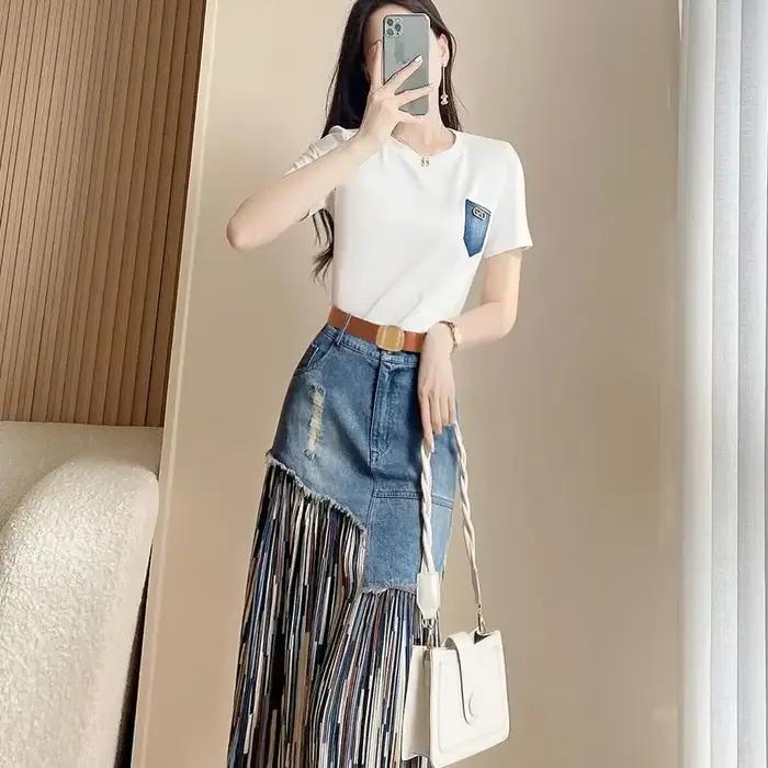 Ensemble jupe en jean deux pièces pour femmes, tenues féminines, bureau, midi, haut de style coréen, vêtements astronomiques, luxe, promotion, nouveau, 2025