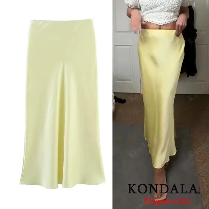 KONDALA Vintage Chic vert jaune Satin jupes taille élastique