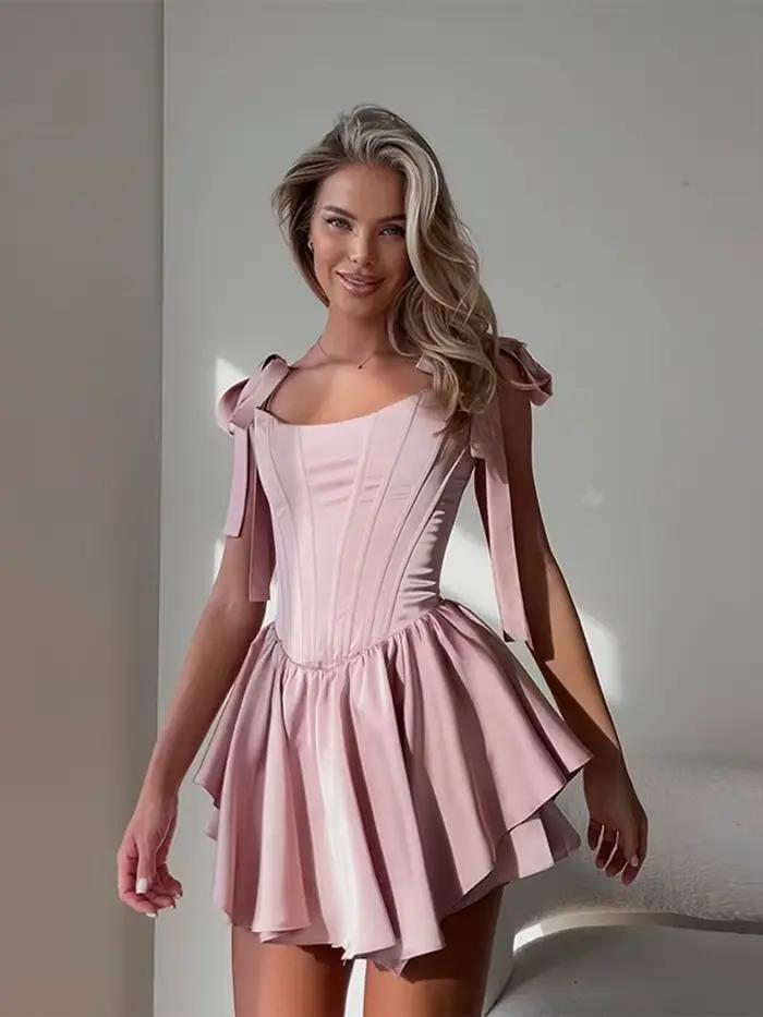 Grand ourlet plissé robes pour femmes élégant mince col rond cravate nœud sans manches Mini robe 2025 été nouvelle dame fête robes de soirée
