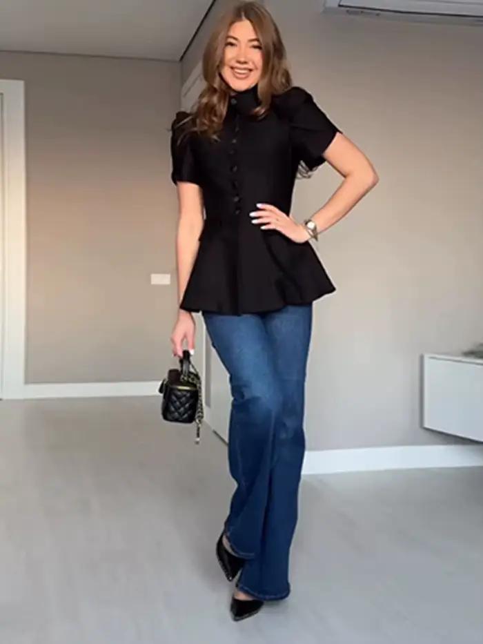 Ensemble jupe élégant pour femme : haut à manches courtes boutonné