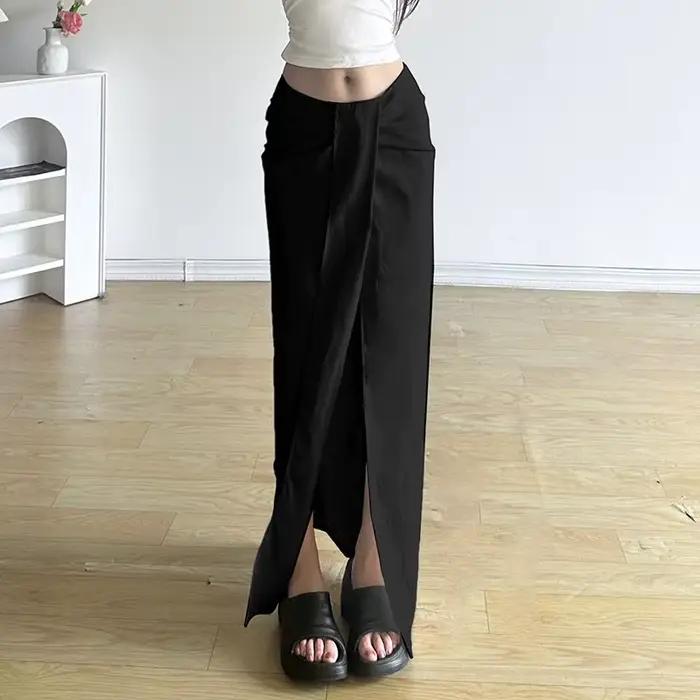 Jupe plissée au Design de rue européen et américain, taille basse, fentes irrégulières, couleur unie et robe longue