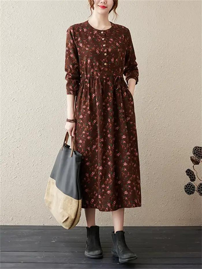 Robes à manches longues en coton et lin à imprimé floral vintage pour femmes