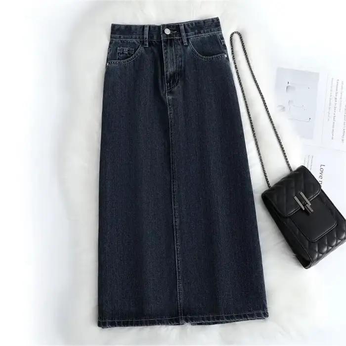 Femmes Denim jupe printemps une ligne été taille haute ample ourlet fendu bleu foncé Chic décontracté Streetwear Jean
