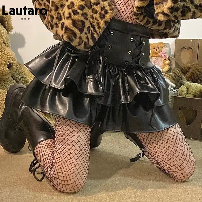 Jupe courte en cuir noir à lacets Lautaro pour femme