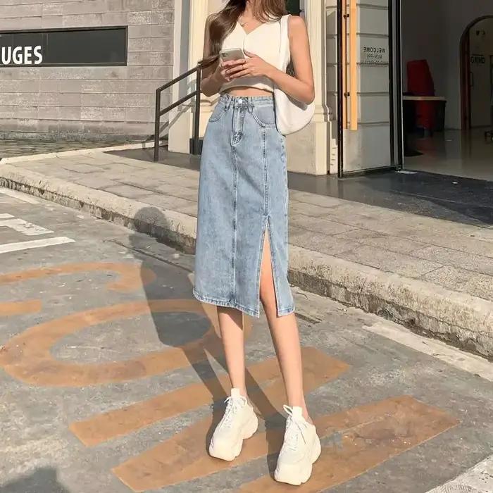 Jupes en jean femme Midi bleu taille haute avec fente jupe