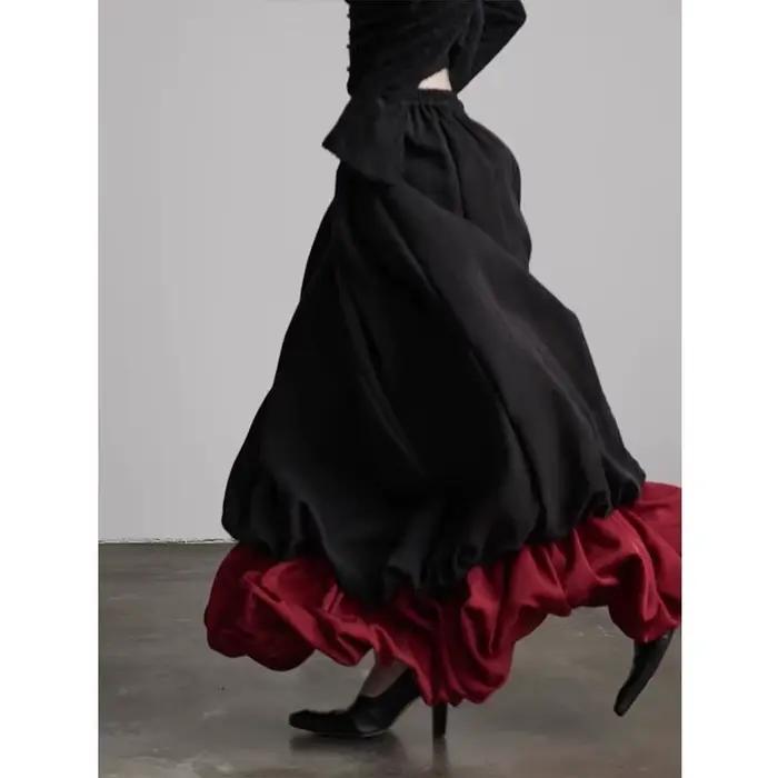 Jupe noire à effet deux pièces pour femme, nouvelle collection printemps, design fluide et amincissant, polyvalente, bicolore